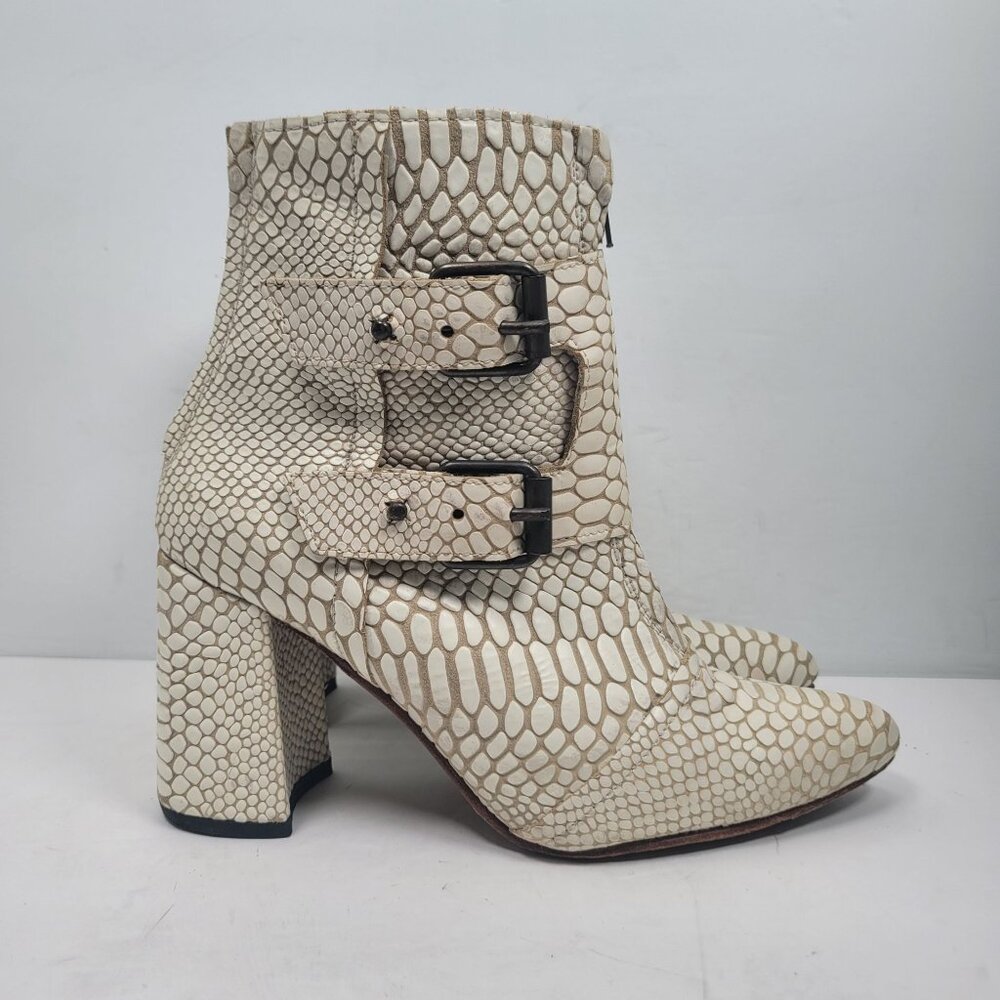 Women's Cream Snake-Embossed Ankle Boots with Buckles